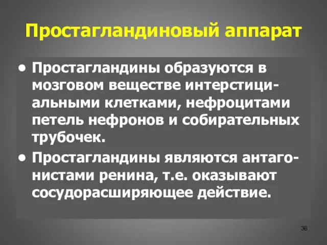 Простагландиновый аппарат Простагландины образуются в мозговом веществе интерстици-альными клетками, нефроцитами петель