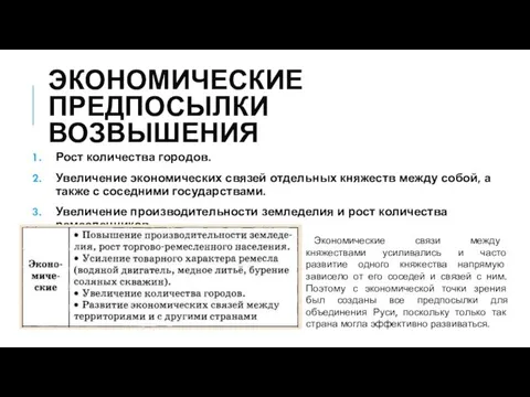 ЭКОНОМИЧЕСКИЕ ПРЕДПОСЫЛКИ ВОЗВЫШЕНИЯ Рост количества городов. Увеличение экономических связей отдельных княжеств