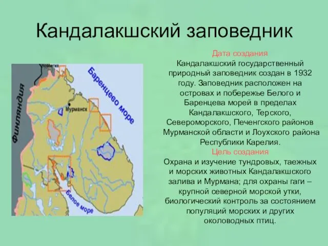 Кандалакшский заповедник Дата создания Кандалакшский государственный природный заповедник создан в 1932