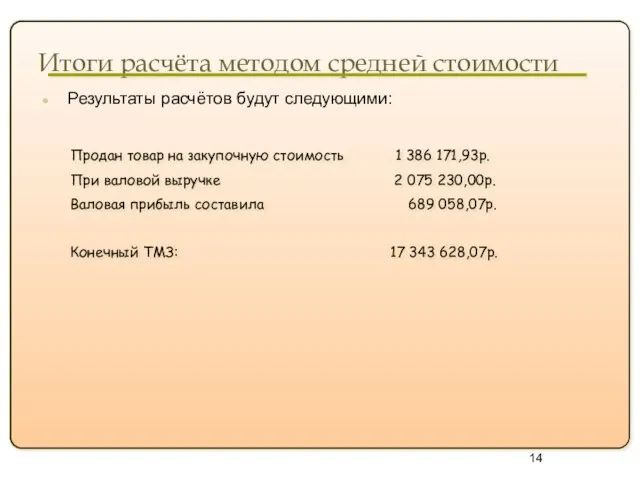 Итоги расчёта методом средней стоимости Результаты расчётов будут следующими: Продан товар