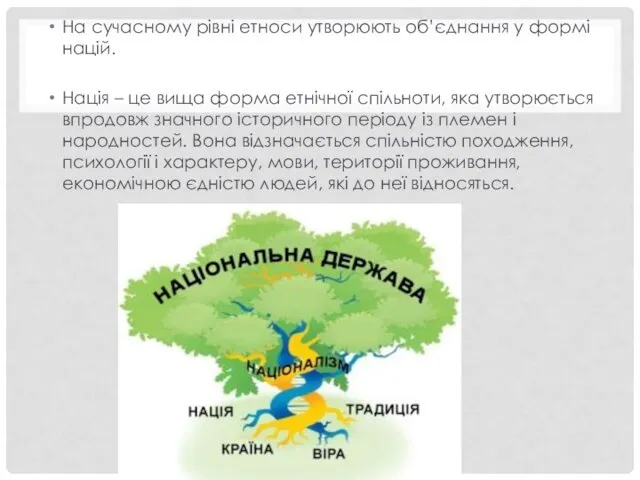 На сучасному рівні етноси утворюють об’єднання у формі націй. Нація –