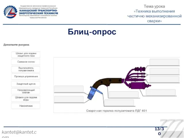 13/30 kantet@kantet.com Блиц-опрос Тема урока «Техника выполнения частично механизированной сварки»