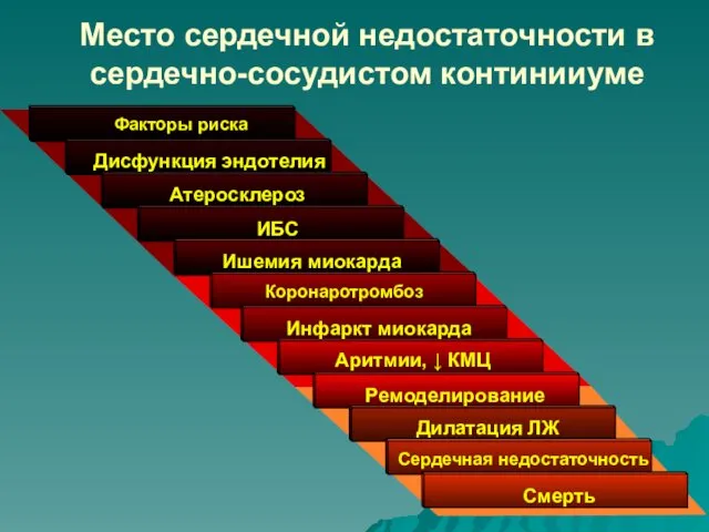 Место сердечной недостаточности в сердечно-сосудистом континииуме Коронаротромбоз Смерть Сердечная недостаточность Дилатация