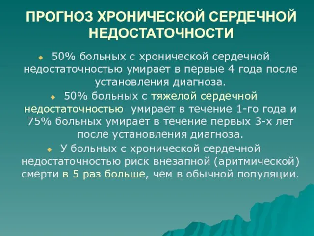 ПРОГНОЗ ХРОНИЧЕСКОЙ СЕРДЕЧНОЙ НЕДОСТАТОЧНОСТИ 50% больных с хронической сердечной недостаточностью умирает