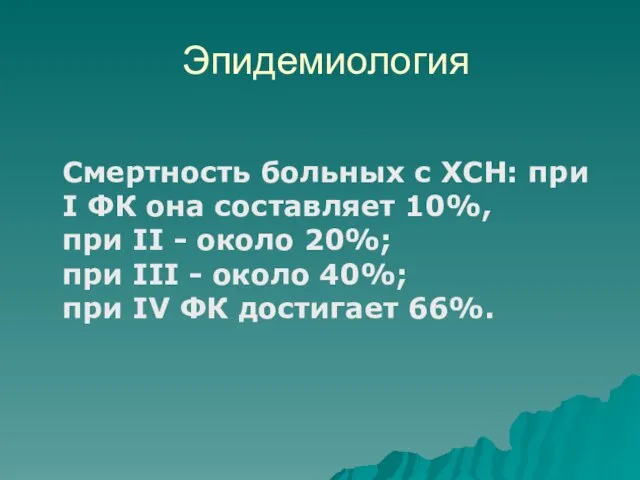 Эпидемиология Смертность больных с ХСН: при I ФК она составляет 10%,