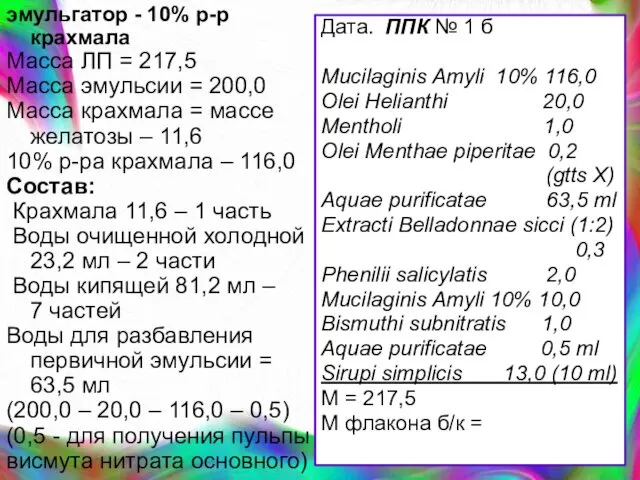 эмульгатор - 10% р-р крахмала Масса ЛП = 217,5 Масса эмульсии