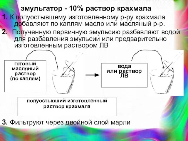 эмульгатор - 10% раствор крахмала 1. К полуостывшему изготовленному р-ру крахмала