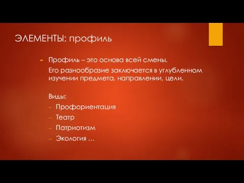 ЭЛЕМЕНТЫ: профиль Профиль – это основа всей смены. Его разнообразие заключается