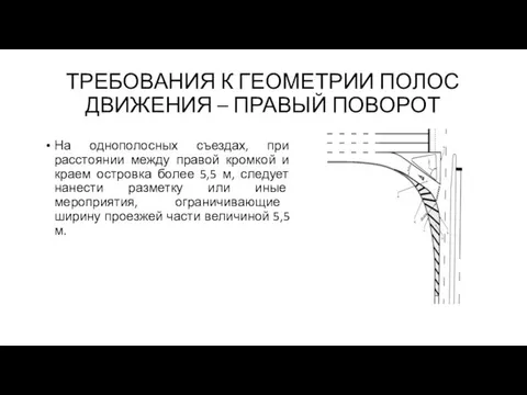 ТРЕБОВАНИЯ К ГЕОМЕТРИИ ПОЛОС ДВИЖЕНИЯ – ПРАВЫЙ ПОВОРОТ На однополосных съездах,