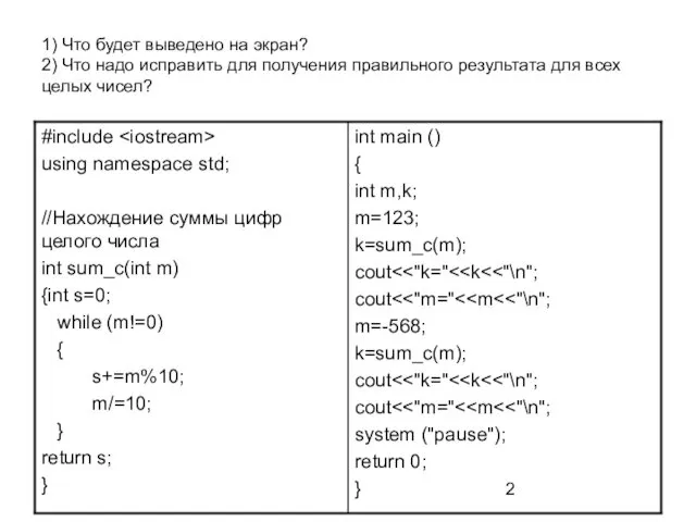 1) Что будет выведено на экран? 2) Что надо исправить для