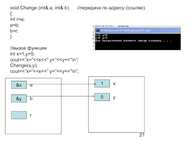 void Change (int& a, int& b) //передача по адресу (ссылке) {