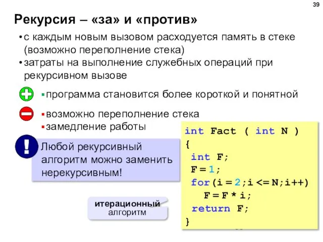 Рекурсия – «за» и «против» с каждым новым вызовом расходуется память