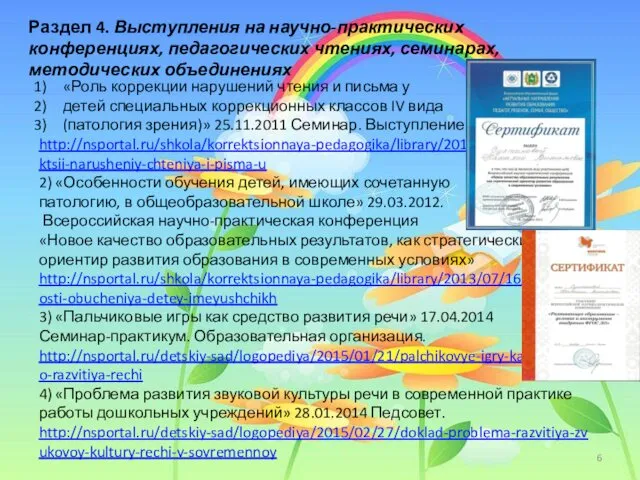 Раздел 4. Выступления на научно-практических конференциях, педагогических чтениях, семинарах, методических объединениях