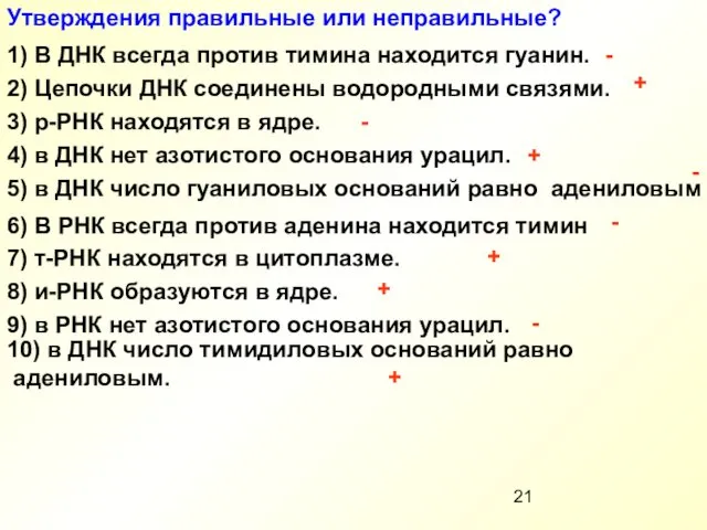 Утверждения правильные или неправильные? 1) В ДНК всегда против тимина находится