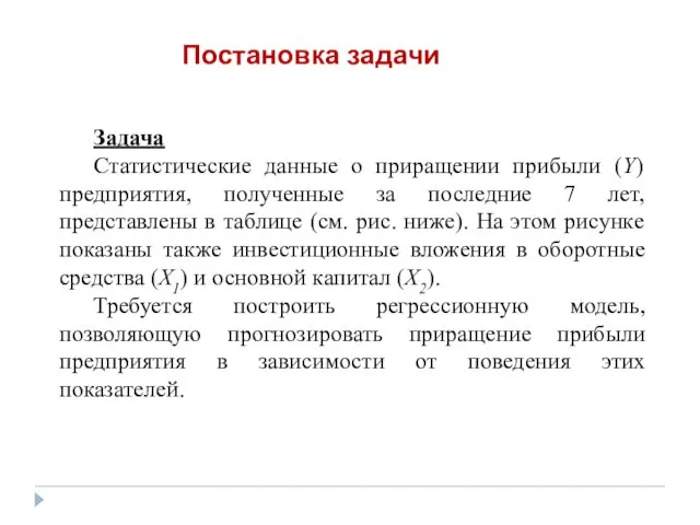 Задача Статистические данные о приращении прибыли (Y) предприятия, полученные за последние