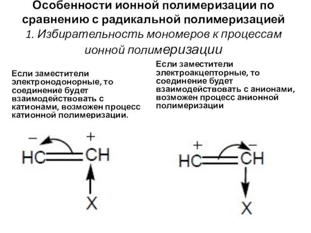 Особенности ионной полимеризации по сравнению с радикальной полимеризацией 1. Избирательность мономеров