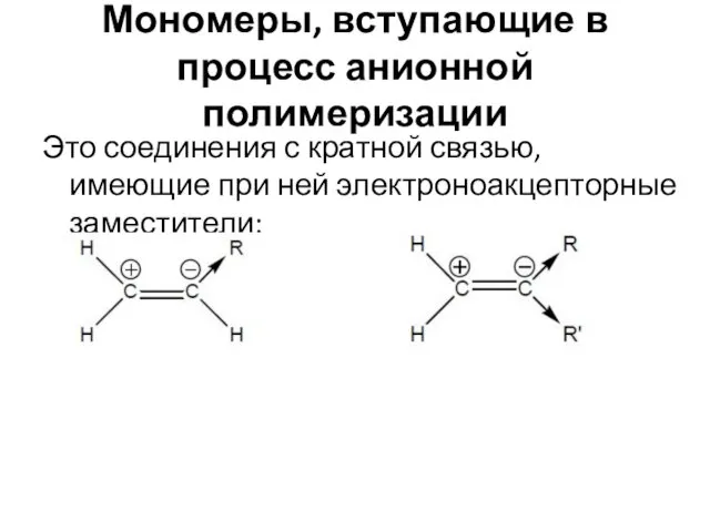 Мономеры, вступающие в процесс анионной полимеризации Это соединения с кратной связью, имеющие при ней электроноакцепторные заместители: