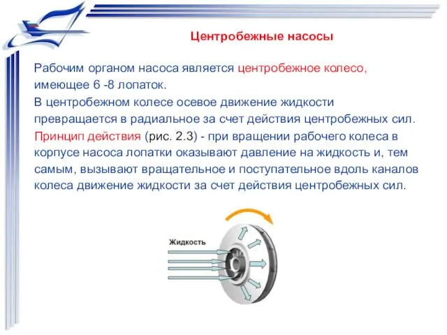 Центробежные насосы Рабочим органом насоса является центробежное колесо, имеющее 6 -8