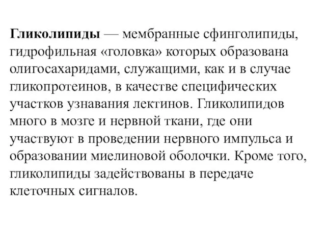 Гликолипиды — мембранные сфинголипиды, гидрофильная «головка» которых образована олигосахаридами, служащими, как