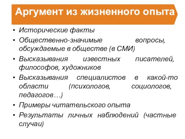 Аргумент из жизненного опыта Исторические факты Общественно-значимые вопросы, обсуждаемые в обществе