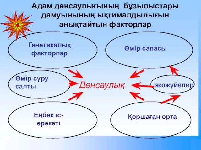 Денсаулық Генетикалық факторлар Өмір сапасы Қоршаған орта Еңбек іс-әрекеті экожүйелер Өмір