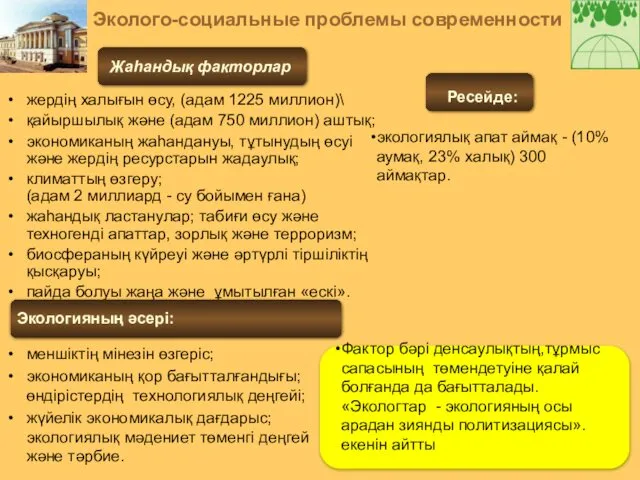 Жаһандық факторлар Эколого-социальные проблемы современности жердiң халығын өсу, (адам 1225 миллион)\