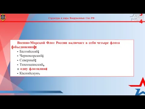 Структура и виды Вооруженных Сил РФ Военно-Морской Флот России включает в