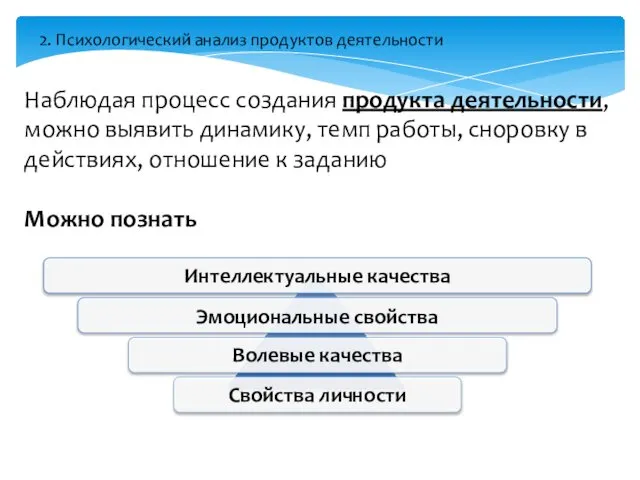 Наблюдая процесс создания продукта деятельности, можно выявить динамику, темп работы, сноровку