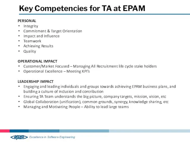 Key Competencies for TA at EPAM PERSONAL Integrity Commitment & Target