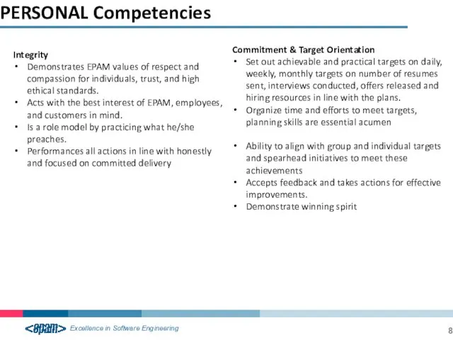 PERSONAL Competencies Integrity Demonstrates EPAM values of respect and compassion for