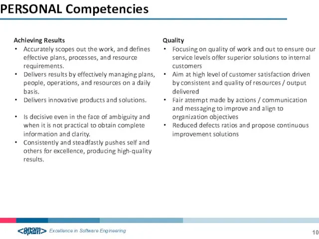 PERSONAL Competencies Achieving Results Accurately scopes out the work, and defines