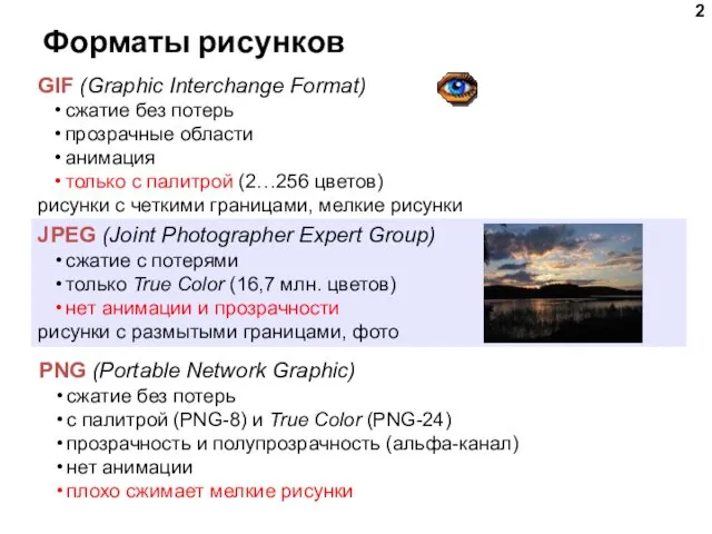 Форматы рисунков GIF (Graphic Interchange Format) сжатие без потерь прозрачные области