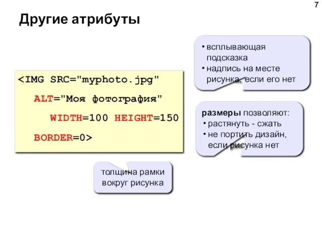 Другие атрибуты всплывающая подсказка надпись на месте рисунка, если его нет