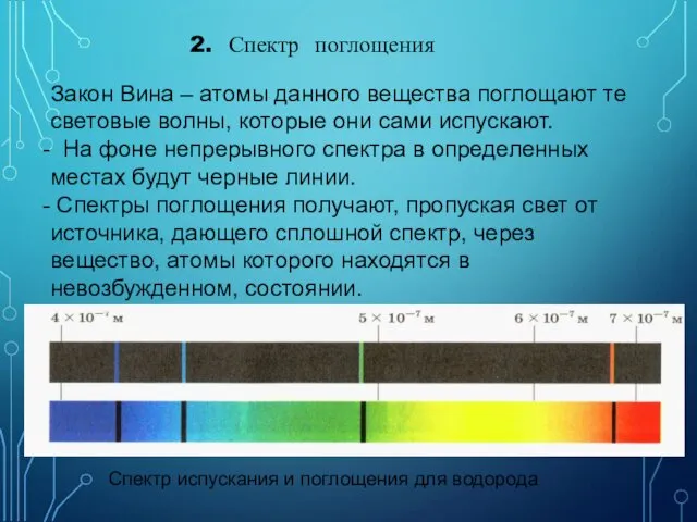 2. Спектр поглощения Закон Вина – атомы данного вещества поглощают те