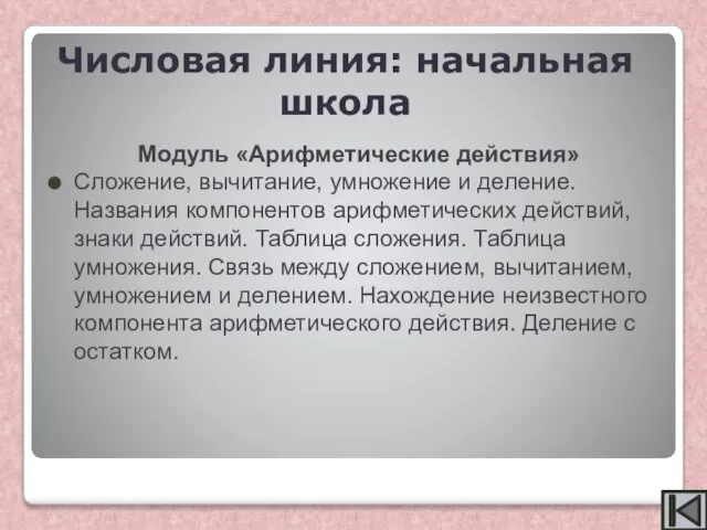 Модуль «Арифметические действия» Сложение, вычитание, умножение и деление. Названия компонентов арифметических