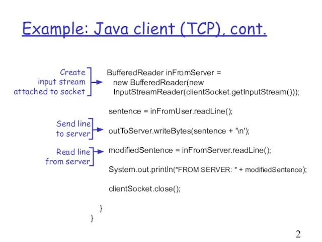 Example: Java client (TCP), cont. BufferedReader inFromServer = new BufferedReader(new InputStreamReader(clientSocket.getInputStream()));