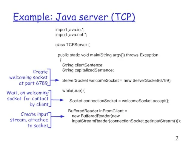 Example: Java server (TCP) import java.io.*; import java.net.*; class TCPServer {