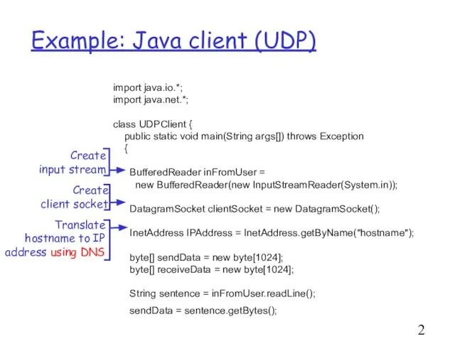 Example: Java client (UDP) import java.io.*; import java.net.*; class UDPClient {