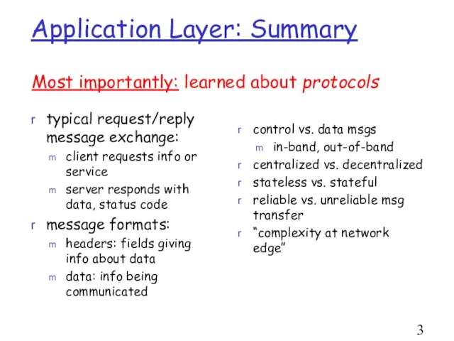 Application Layer: Summary typical request/reply message exchange: client requests info or