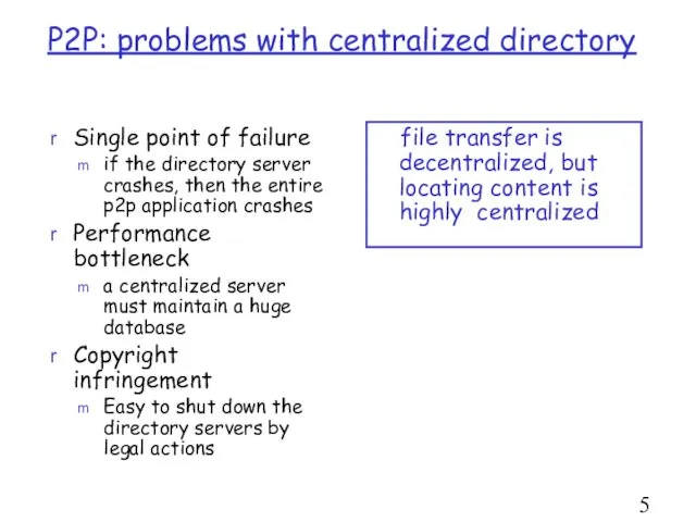 P2P: problems with centralized directory Single point of failure if the