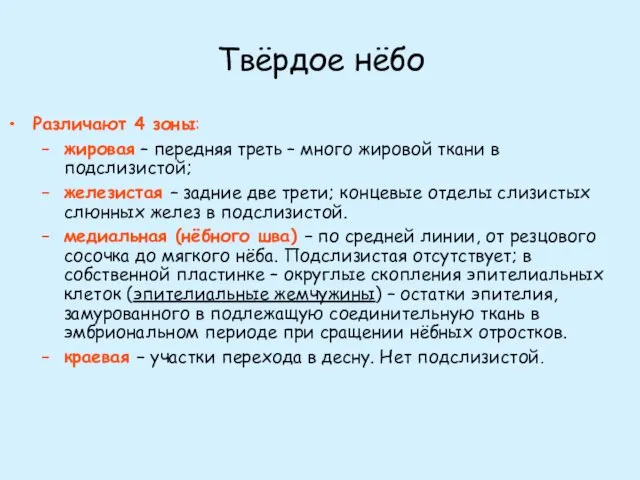 Твёрдое нёбо Различают 4 зоны: жировая – передняя треть – много