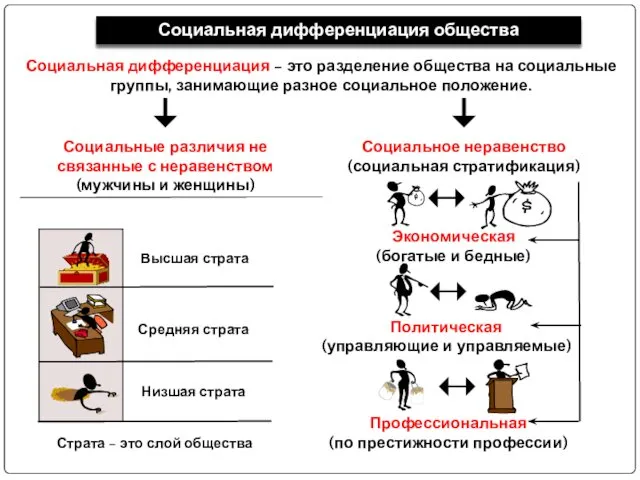 Социальная дифференциация общества Социальная дифференциация – это разделение общества на социальные