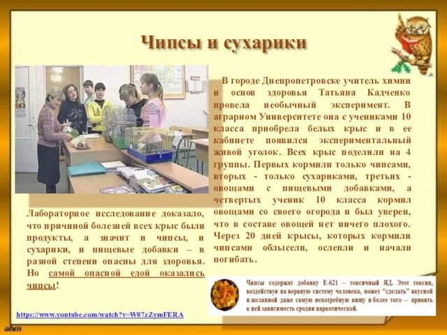 Чипсы и сухарики В городе Днепропетровске учитель химии и основ здоровья
