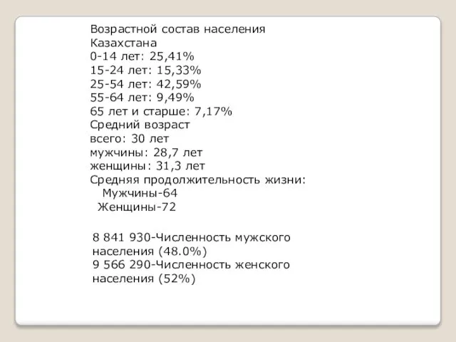 Возрастной состав населения Казахстана 0-14 лет: 25,41% 15-24 лет: 15,33% 25-54