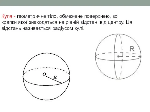 Куля - геометричне тіло, обмежене поверхнею, всі крапки якої знаходяться на