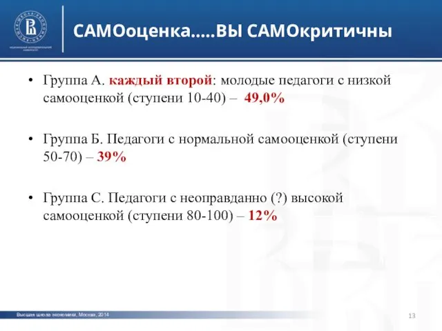 Высшая школа экономики, Москва, 2014 САМОоценка…..ВЫ САМОкритичны фото фото фото Группа