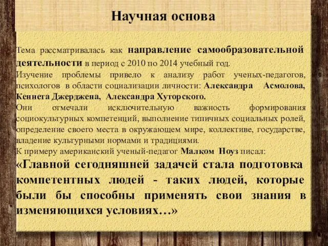 Научная основа Тема рассматривалась как направление самообразовательной деятельности в период с