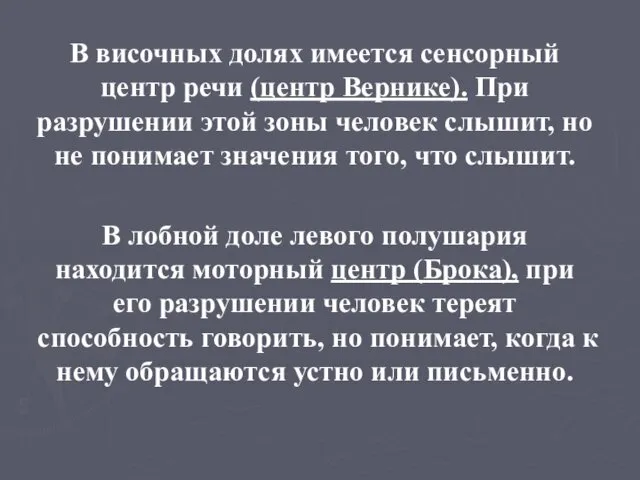 В височных долях имеется сенсорный центр речи (центр Вернике). При разрушении