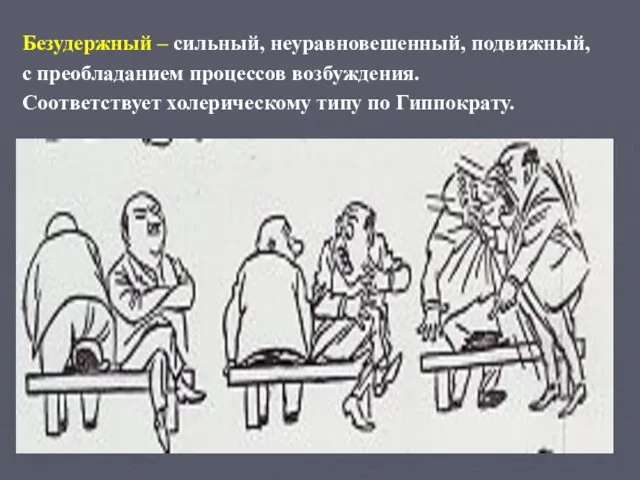 Безудержный – сильный, неуравновешенный, подвижный, с преобладанием процессов возбуждения. Соответствует холерическому типу по Гиппократу.