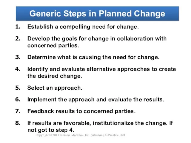 Generic Steps in Planned Change Establish a compelling need for change.